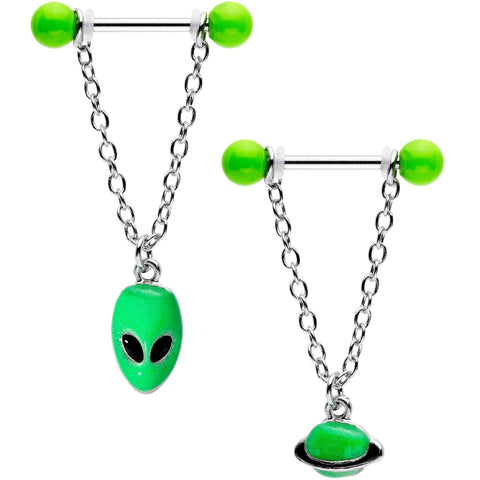 14G 9/16 Glow Alien Saturn Dangle Barbell Nipple Ring Set