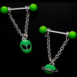 14G 9/16 Glow Alien Saturn Dangle Barbell Nipple Ring Set
