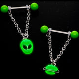 14G 9/16 Glow Alien Saturn Dangle Barbell Nipple Ring Set