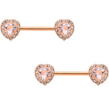 14G 9/16 Clear Gem Rose Gold Tone Heart Barbell Nipple Ring Set