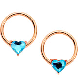 14G Aqua Gem Heart Rose Gold Tone BCR Barbell Nipple Ring Set of 4