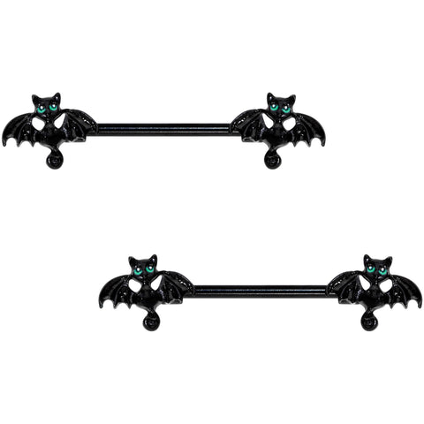 14G 9/16 Itty Bitty Black Bats Barbell Nipple Ring Set
