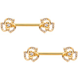 14G 9/16 Clear Gem Gold Tone Full Flower Barbell Nipple Ring Set