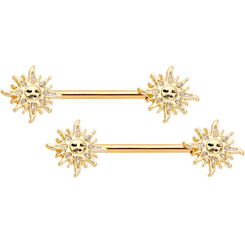 14G 9/16 Gold Tone Happy Sun Barbell Nipple Ring Set