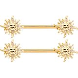 14G 9/16 Gold Tone Happy Sun Barbell Nipple Ring Set