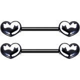 14G 9/16 Black White Silhouette Cat Lover Barbell Nipple Ring Set