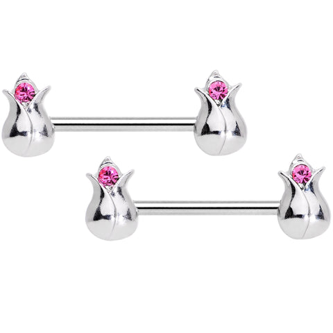 14G 9/16 Pink Gem Tulip Flower Barbell Nipple Ring Set