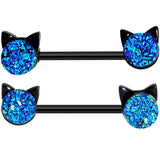 14G 9/16 Blue Faux Druzy Cat Head Barbell Nipple Ring Set