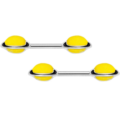 14G 9/16 Yellow Glow in the Dark Saturn Barbell Nipple Ring Set