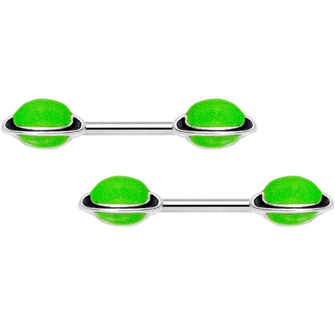 14G 9/16 Green Glow in the Dark Saturn Barbell Nipple Ring Set