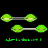 14G 9/16 Green Glow in the Dark Saturn Barbell Nipple Ring Set