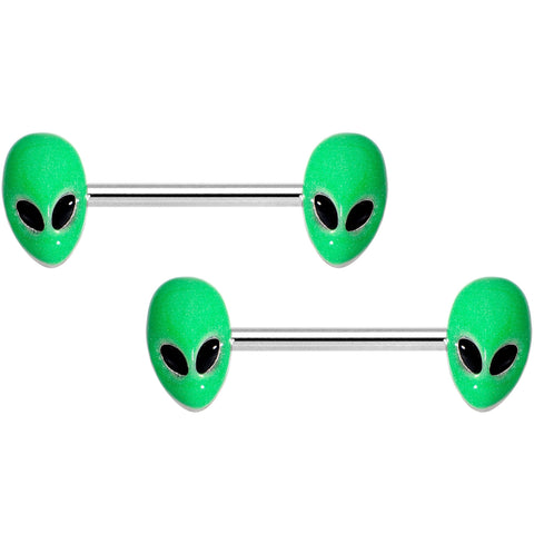 14G 9/16 Green Glow in the Dark Aliens Barbell Nipple Ring Set