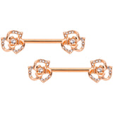 14G 9/16 Clear Gem Rose Gold Tone Flower Barbell Nipple Ring Set