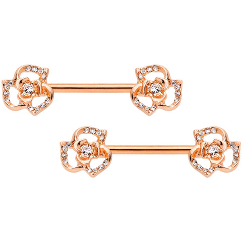 14G 9/16 Clear Gem Rose Gold Tone Flower Barbell Nipple Ring Set