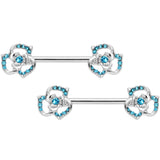 14G 9/16 Blue Gem Rose Flower Barbell Nipple Ring Set
