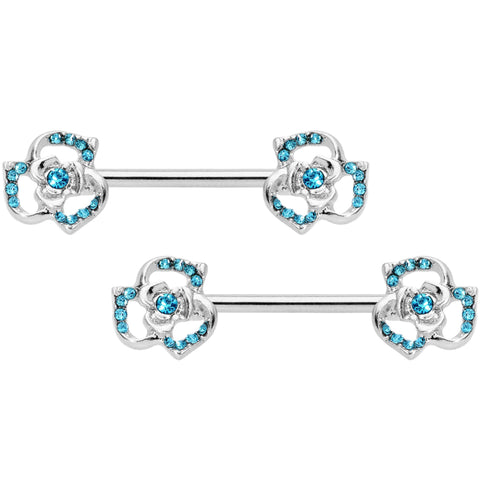 14G 9/16 Blue Gem Rose Flower Barbell Nipple Ring Set