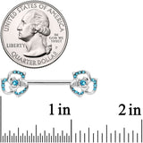 14G 9/16 Blue Gem Rose Flower Barbell Nipple Ring Set