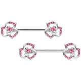 14G 9/16 Pink Gem Rose Flower Barbell Nipple Ring Set