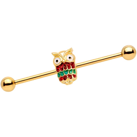 14G Gold Tone Happy Holiday Hoot Owl Industrial Barbell 38mm