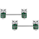 14G 9/16 Green Happy Holiday Hoot Owl Barbell Nipple Ring Set