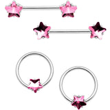 14G 9/16 1/2 Pink Star Gem BCR Barbell Nipple Ring Set