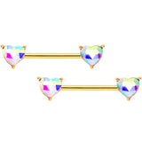 14G Aurora Heart Gem Gold Tone BCR Barbell Nipple Ring Set