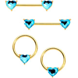 14G Blue Valentine Gem Gold Tone BCR Barbell Nipple Ring Set