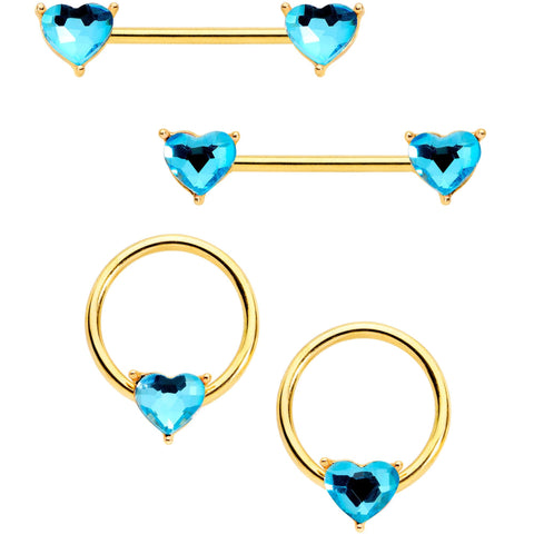 14G Blue Valentine Gem Gold Tone BCR Barbell Nipple Ring Set