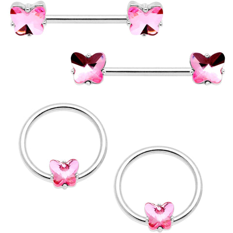 14G 9/16 1/2 Pink Butterfly Gem BCR Barbell Nipple Ring Set