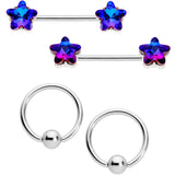 14G 9/16 1/2 Purple Blue Star BCR Barbell Nipple Ring Set