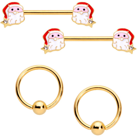 14G 1/2 Gold Tone Santa Captive Barbell Nipple Ring Set of 4