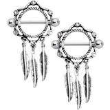14G 9/16 Clear Gem Lotus Flower Feather Dangle Nipple Shield Set