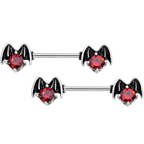 14G 9/16 Red Gem Halloween Night Bat Barbell Nipple Ring Set