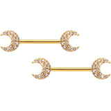14G 9/16 Clear Gem Gold Tone Crescent Moon Barbell Nipple Ring Set