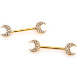 14G 9/16 Clear Gem Gold Tone Crescent Moon Barbell Nipple Ring Set