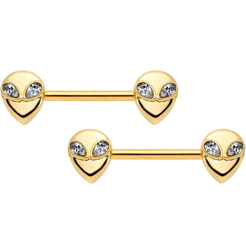 14G 9/16 Clear Gem Gold PVD Space Alien Barbell Nipple Ring Set