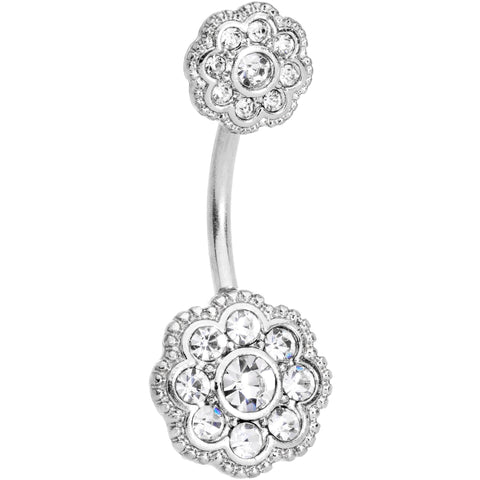 Clear CZ Gem Art Deco Flower Double Mount Belly Ring