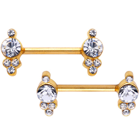 14G 9/16 Clear Gem Gold Tone Circles Barbell Nipple Ring Set