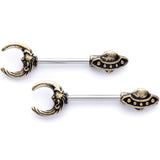14G 9/16 Crescent Moon Space Ship UFO Barbell Nipple Ring Set