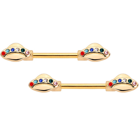 14G 9/16 Multicolor Gem Gold Tone UFO Barbell Nipple Ring Set