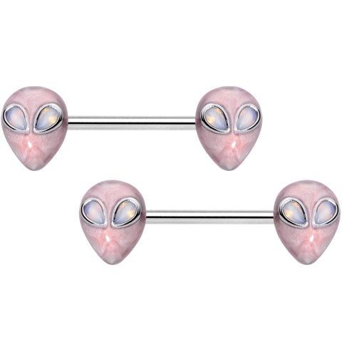 14G 9/16 White Faux Opal Alien Invader Barbell Nipple Ring Set