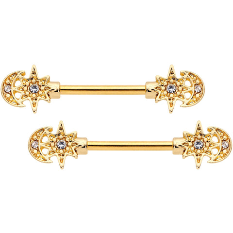 14G 9/16 Clear Gem Gold Tone Holiday Star Barbell Nipple Ring Set