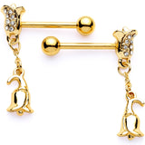 14G 5/8 Clear Gem Gold Tone Tulip Flower Dangle Barbell Nipple Ring Set