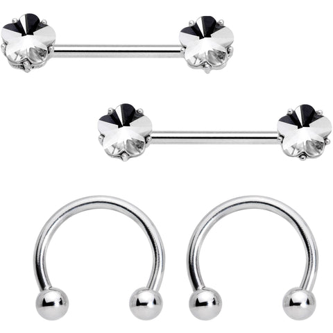 14G 9/16 1/2 Clear Gem Flower Horseshoe Barbell Nipple Ring Set
