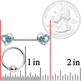 14G 9/16 5/16 Aqua Gem Hearts BCR Barbell Nipple Ring Set