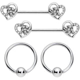 14G 9/16 5/16 Clear Gem Hearts BCR Barbell Nipple Ring Set