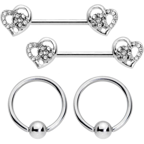 14G 9/16 5/16 Clear Gem Hearts BCR Barbell Nipple Ring Set