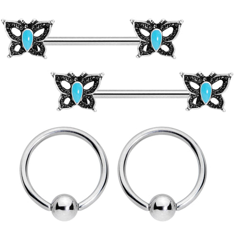 14G Faux Turquoise Butterfly BCR Barbell Nipple Ring Set of 4