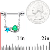 5/8 Blue Green Gem Star and Heart Dangle Barbell Nipple Ring Set