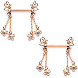 9/16 Clear Gem Rose Gold Tone Butterfly Dangle Barbell Nipple Ring Set
